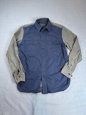 Rag & Bone Shirt Mens Small Blue Gray Button Up Color Block Long Sleeve Pockets