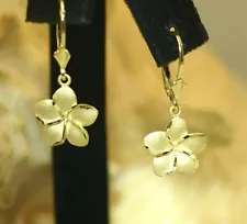 13MM 14K YELLOW GOLD DIAMOND CUT DC MATTE HAWAIIAN PLUMERIA LEVERBACK EARRINGS