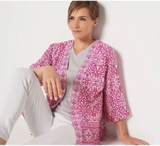 Susan Graver Printed Woven Open-Front Cardigan Lightweight Women's Small Berry