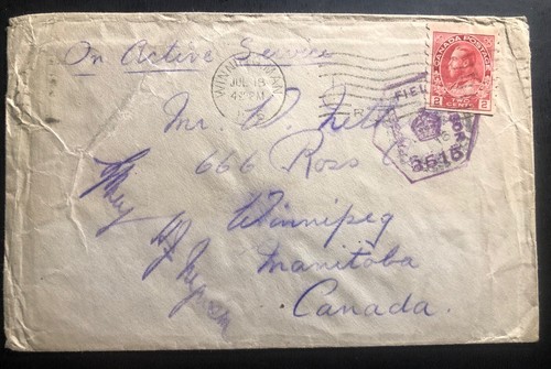 1916 Canadian Field Post Censored On Active Service Cover OAS To Winnipeg Canada - Picture 1 of 2