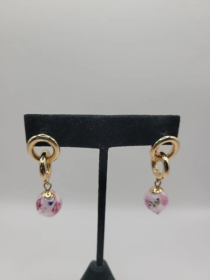 Vintage Earrings Pierced Drop Dangle Double Hoop Pink Flower Stud  Post Jewelry - Image 2 of 4