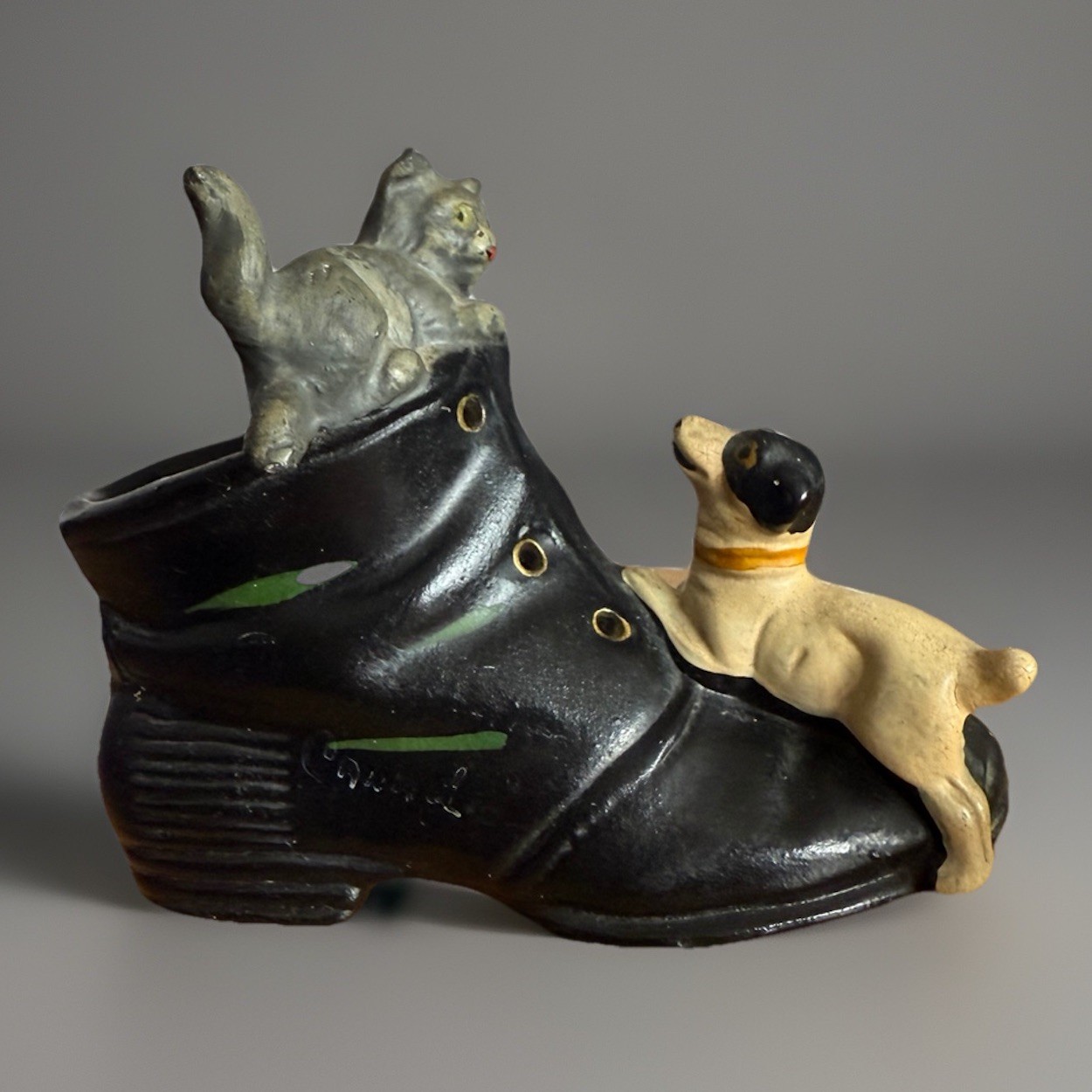 Vintage Bisque Shoe Boot Toothpick Holder Canada souvenir w/Dog and Cat figurine