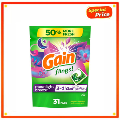 Gain Flings Laundry Detergent Pacs - Oxi Boost & Febreze Moonlight Breeze, 31 Ct