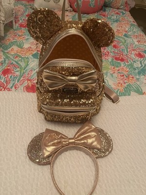 Loungefly Disney Parks Rose Gold Sequin Mini Backpack with Matching Minnie Ears