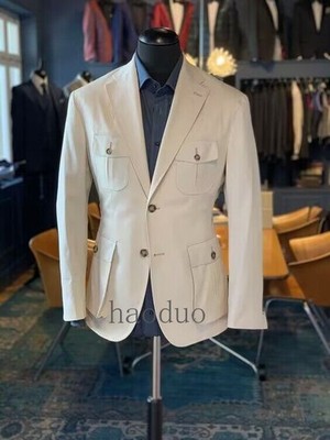 Klassische cremefarbene Herren Safari Jacke 2-teilig Hochzeit Bräutigam Smoking Outdoor Jagd Mantel