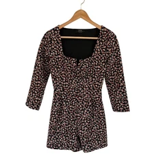 Bershka Black Floral Print Square Neck 3/4 Sleeve Romper Womens Size S