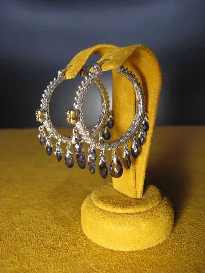 BARBARA BIXBY IOLITE EARRINGS BRIOLETTE HOOP CHANDELIER FLOWER SS 18K Gemstone - Image 2 of 2