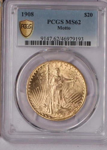 1908 Gold St. Gaudens Double Eagle Motto $20 PCGS MS62. Scarcer date.