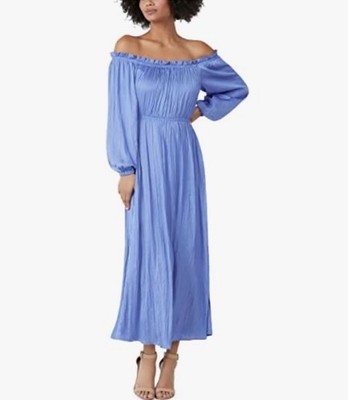 BCBGMaxazria Off-The-Shoulder Long Sleeve Maxi Dress in Wedgewood Satin Size L
