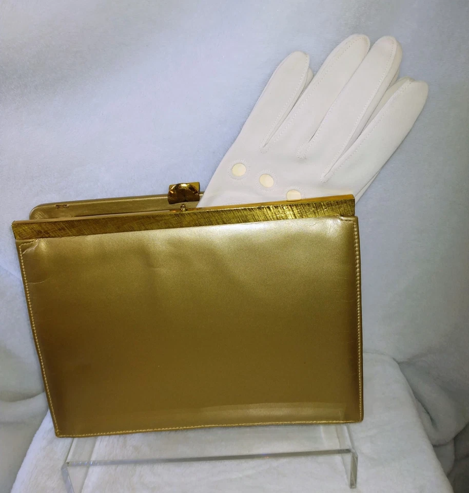 Vintage Andrew Gellar Golden champagne Evening Bag And Miss Aris Formal Gloves - Image 2 of 4