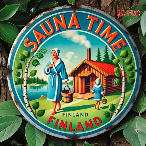 Retro Round Finnish Sauna Tin Metal Signs Home Décor 8x8 Vintage Scene Aluminum