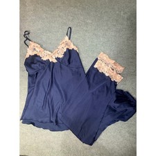 Unbranded Pajama Set Womens XL Navy Blue Excellent Satin Lace Trim 2 Piece