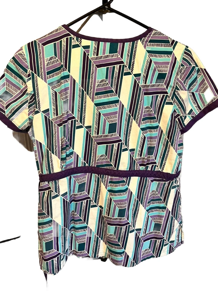 Koi Purple White Striped Small Scrub Woman Tie Waist  V Neck  Short Sleeved Top - Image 2 of 4