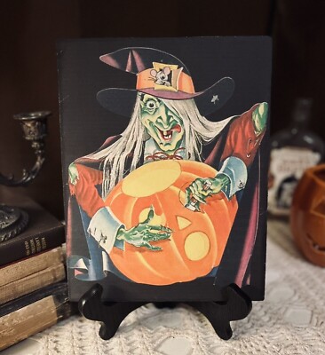 Retro Halloween, Witch Carving Pumpkin, Handcrafted Plaque / Sign