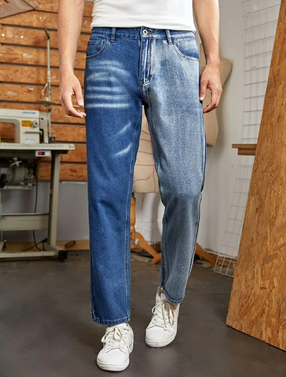 Two Tone Blue Straight Leg Cropped Color Block New Denim Men Two Tone Blue Straight Leg Cropped Color Block New Denim Men