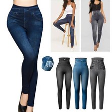 High Waist Women's Denim Print Fake Faux Jeans Leggings Pants Tummy Control US