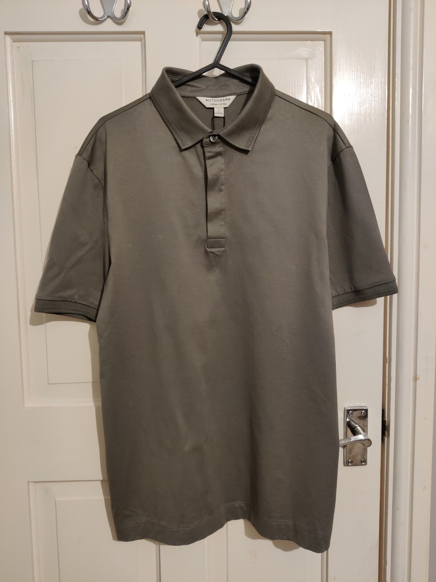 M&S Mens Autograph Supima Cotton Polo Shirt Sage Green/Grey Small