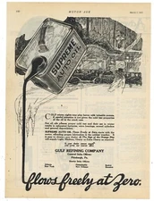 1921 Gulf Refining Co. Ad: Supreme Auto Oil Can Pic - Flows Freely at Zero