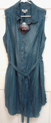 Ava & Viv Lyocell Sleeveless Button Down Jean Dress Self Tie Belt  Plus Size New