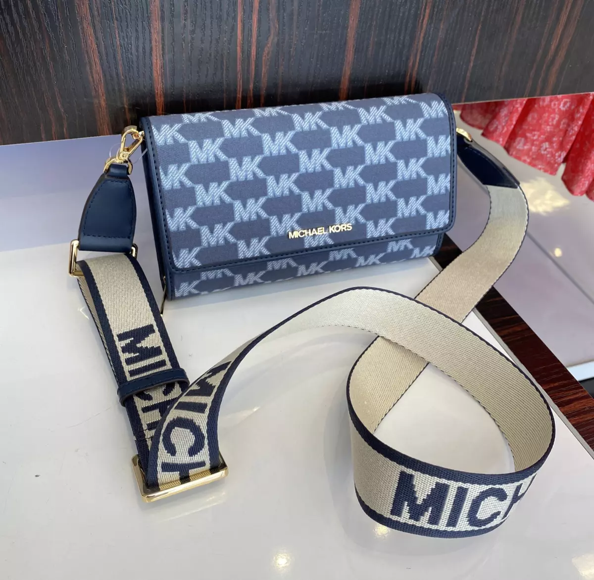 Michael Kors Jet Set Item Large Zip Around Wallet Crossbody Navy