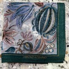 ART VINTAGE GREEN HANDKERCHIEF FLORAL JAPAN WOMAN POCKET SQUARE COTTON 17" W35