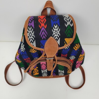 Aztec Muted Pastels Pink Brown Woven Kilim Tapestry Backpack Leather Trim Boho Tribal Woven Backpack Boho Aztec Hippie Southwestern Baja  main image 2