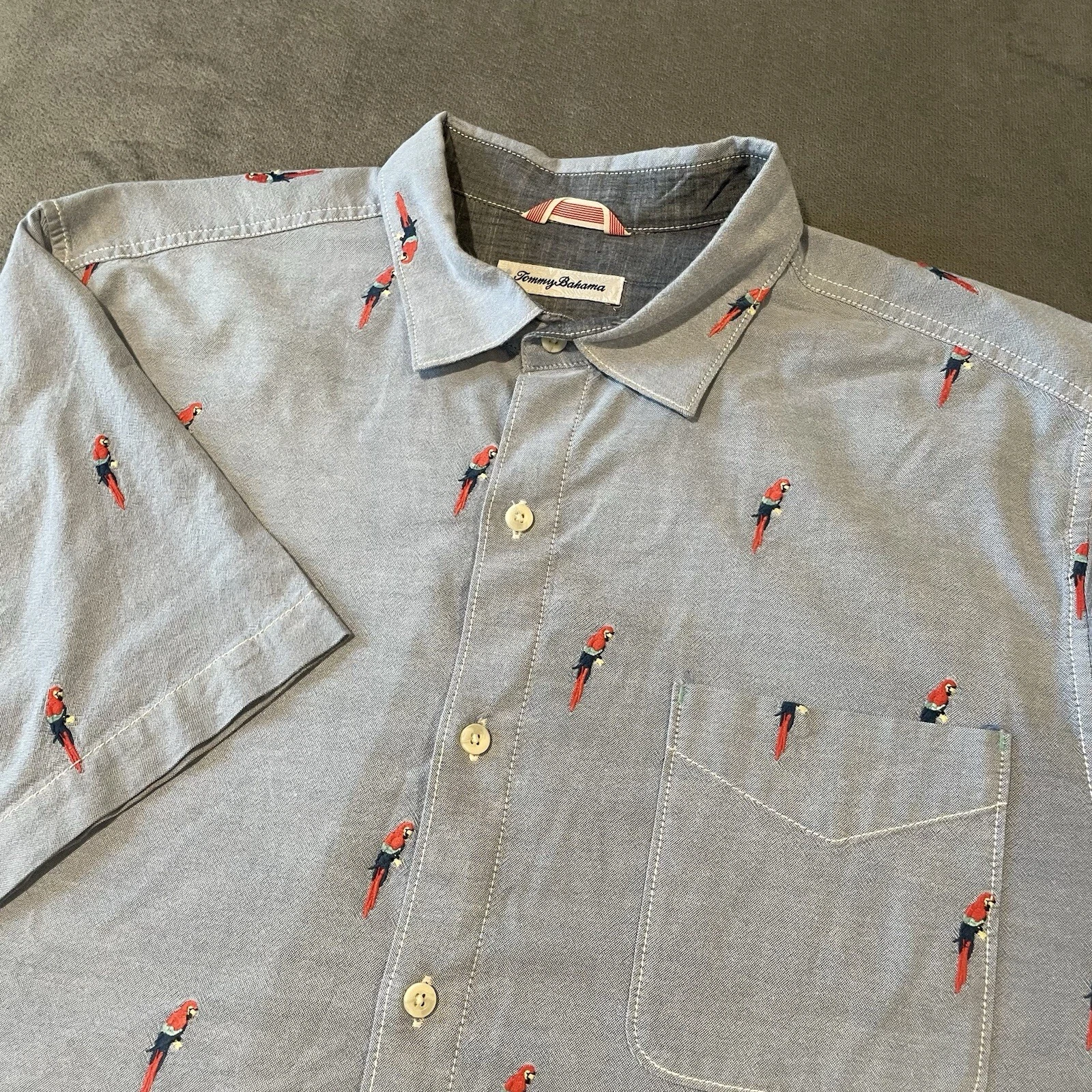 Tommy Bahama Shirt Mens XL Blue Button Up Parrot Embroidered All Over Print