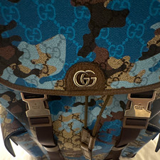 Gucci GG Supreme Blue Camo Backpack Leather Trim Buckle Drawstring Dust Bag