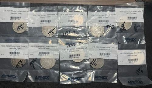 Lot of 10 Morgan Silver Dollars - XF Grade APMEX Sealed – 7.73 oz ASW – Verified