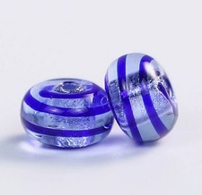 100pcs Handmade Lampwork Glass Rondelle Beads Blue Stripe Silver Foil 8*13mm