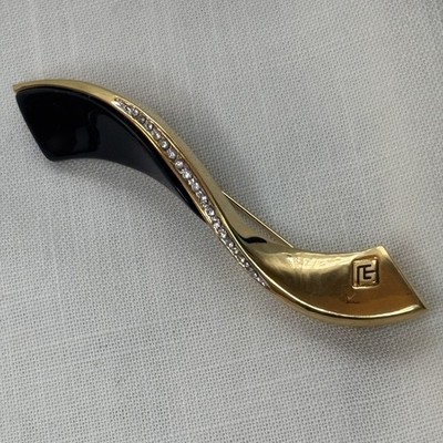 PIERRE BALMAIN Vintage Brooch Gold Tone Rhinestone Black Enamel PB Logo