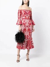 Marchesa Notte Women Red Pink Embroidery Tea Length Dress Off Shoulder Sz 6 2569