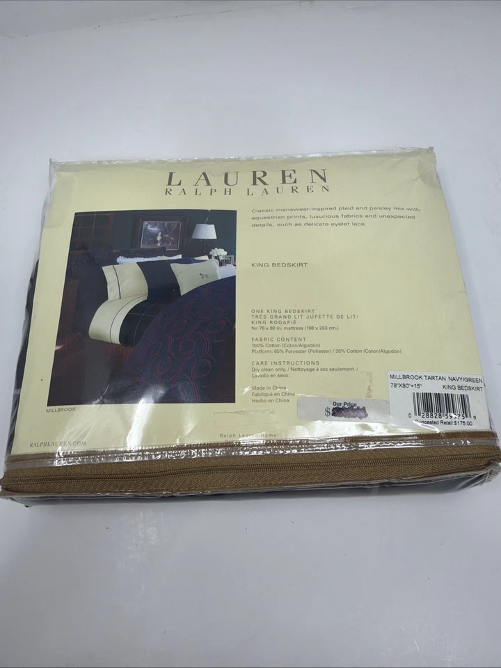 Falda de cama Ralph Lauren Millbrook tartán a cuadros king azul marino/verde RARA *LEER* Foto 2 de 4