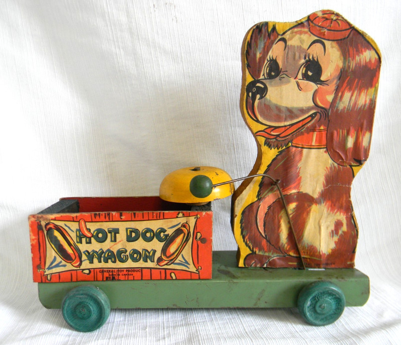 RARE Vintage GENERAL TOY DOGGIE HOT DOG WAGON Pull Toy 1940s Wooden Bell CUTE!