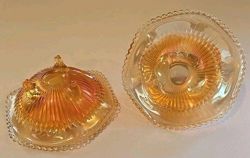 Vintage 6” Jeanette Carnival Glass 3 Footed Marigold Iridescent Candy Bowl Set