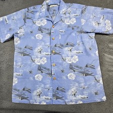 Kamp Shirt by Eagle Crest Mens L Blue Floral USAF Aircraft Hawaiian Aloha Planes