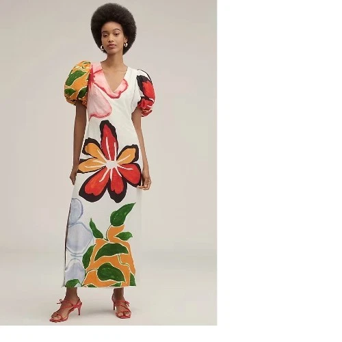 NWT Anthropologie Women Petite size M Puff Sleeve A Line Floral Print Maxi Dress