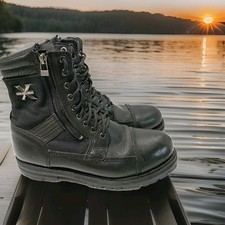 Xelement 1506 Impact Black Motorcycle Biker Strap Boots Men's 10.5 Leather Zip