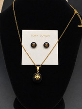 Tory Burch Black Gold Logo Pendant Necklace & Stud Earrings Jewelry Set 