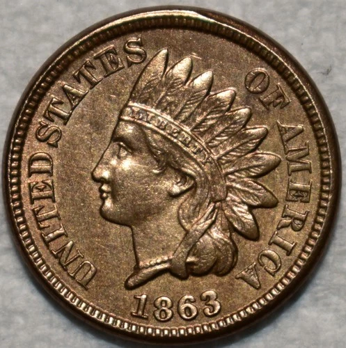 About Uncirculated 1863 Indian Head Cent, Sharp specimen.