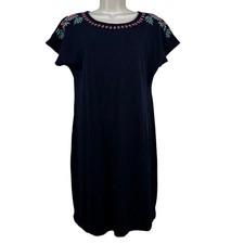 Talbots Embroidered Shift Dress Slub Knit Cotton Navy M Short Sleeve Casual Work