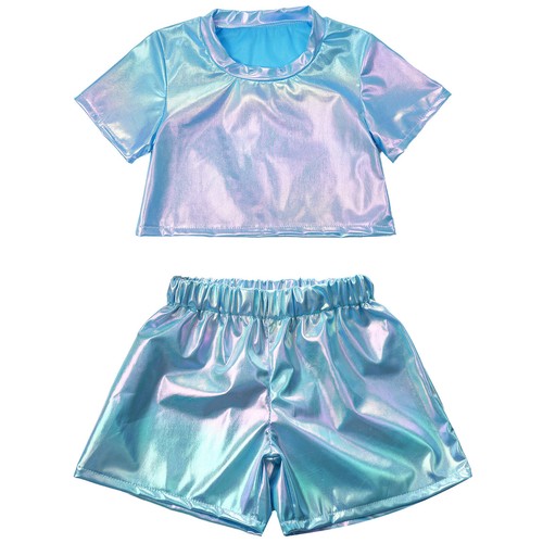 Kids Girls Top And Shorts Shiny Dance Outfit Performance Jazz Activewear Stage - Picture 10 of 67