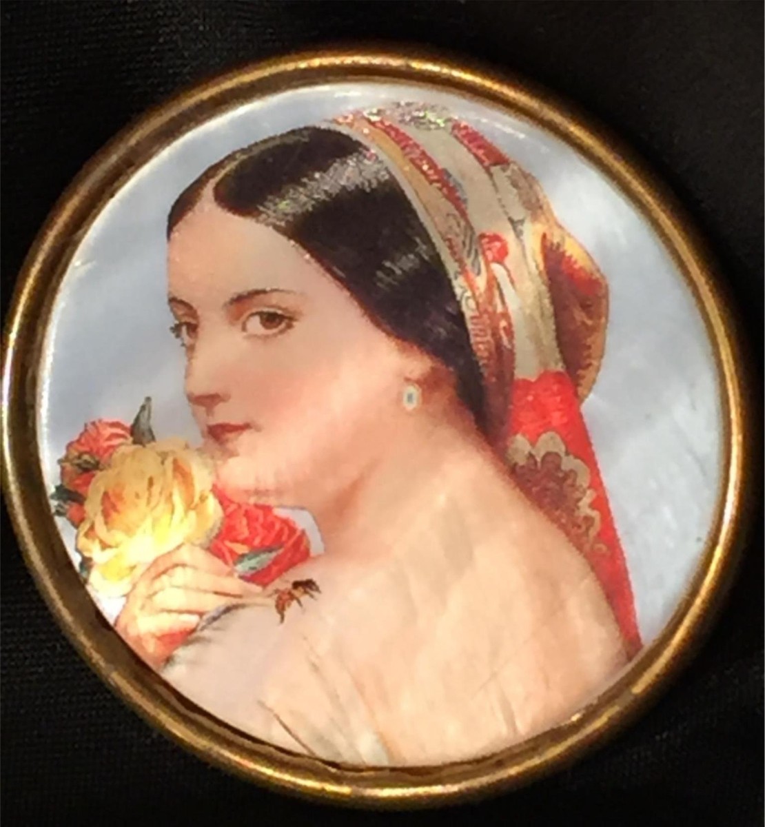 Antique Portrait Brooch Enamel MOP Cameo Hand Paint Lady Floral Bee Pendant Vtg