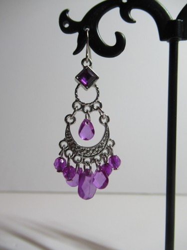 1928 New Chandelier Crescent Earrings, Purple Pink Silver Tone Dangle Dangly NWT - Picture 3 of 8