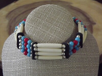 Native American Indian Turquoise Red Beads Buffalo Bone Choker Necklace Apache 
