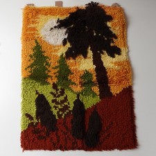 Vintage 70s Shag Latch Hook Rug Wall Art Sunset Trees Forest MCM 25" x 18" USA