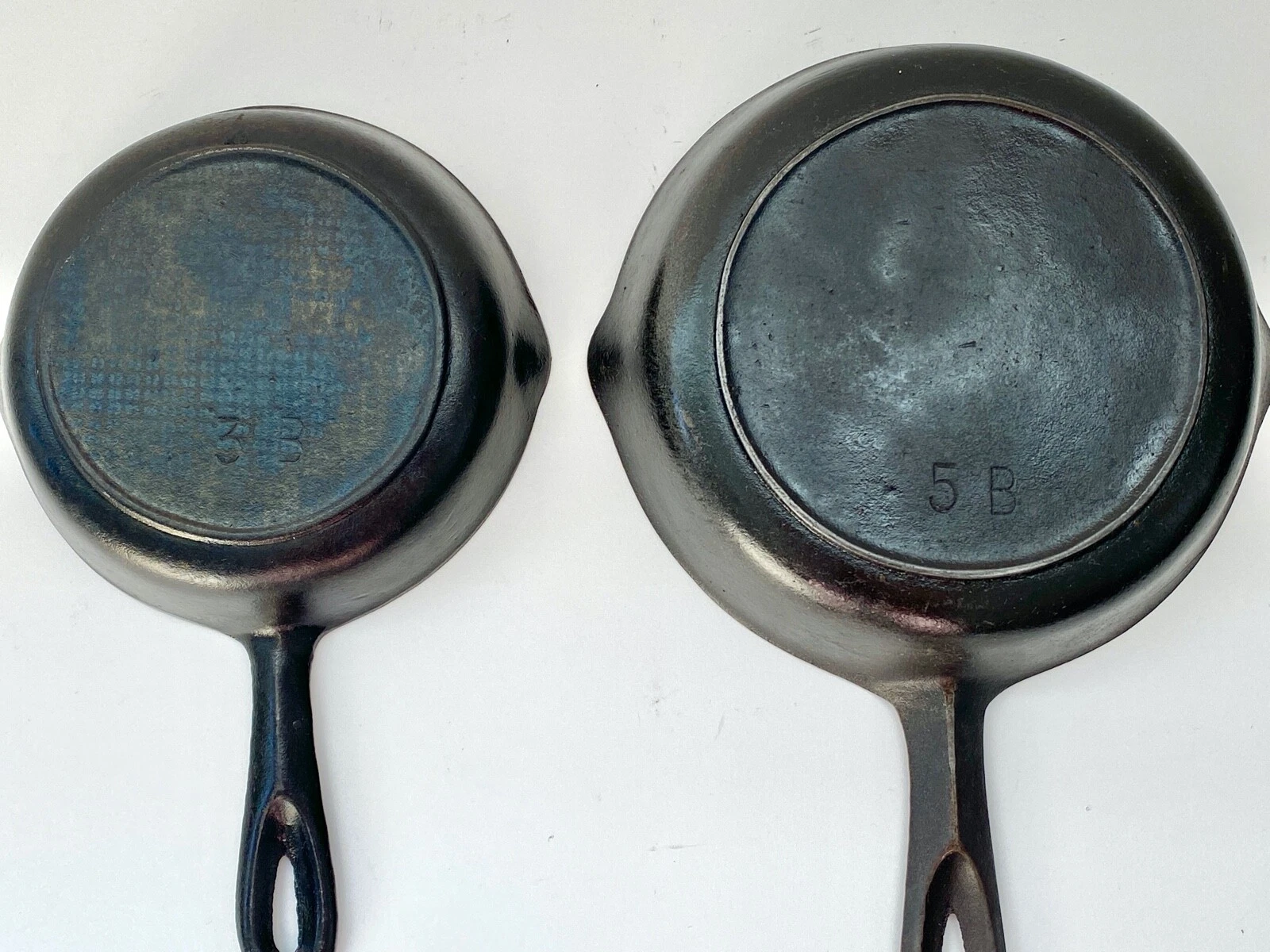 2 Vintage Cast Iron Skillets Birmingham 6 1/2" marked 3B, & 8" marked 5B Heat Rg