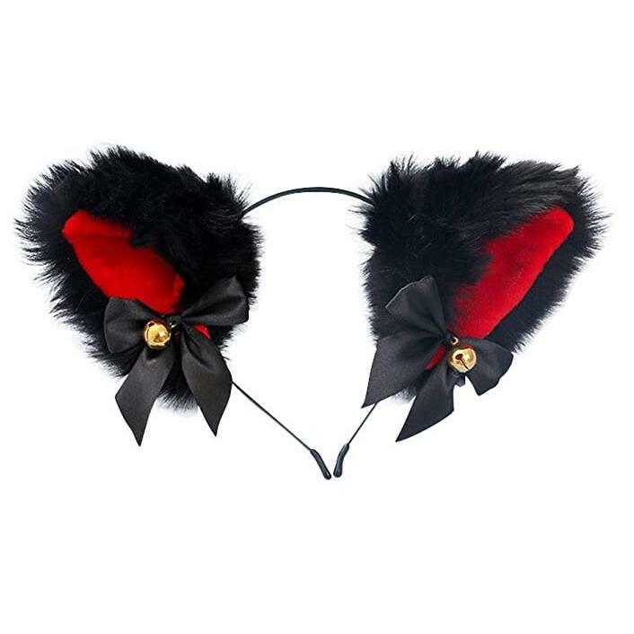 Expédié de Paris - Serre-tête Oreilles Chat Peluche Clochette Renard Noir Marron