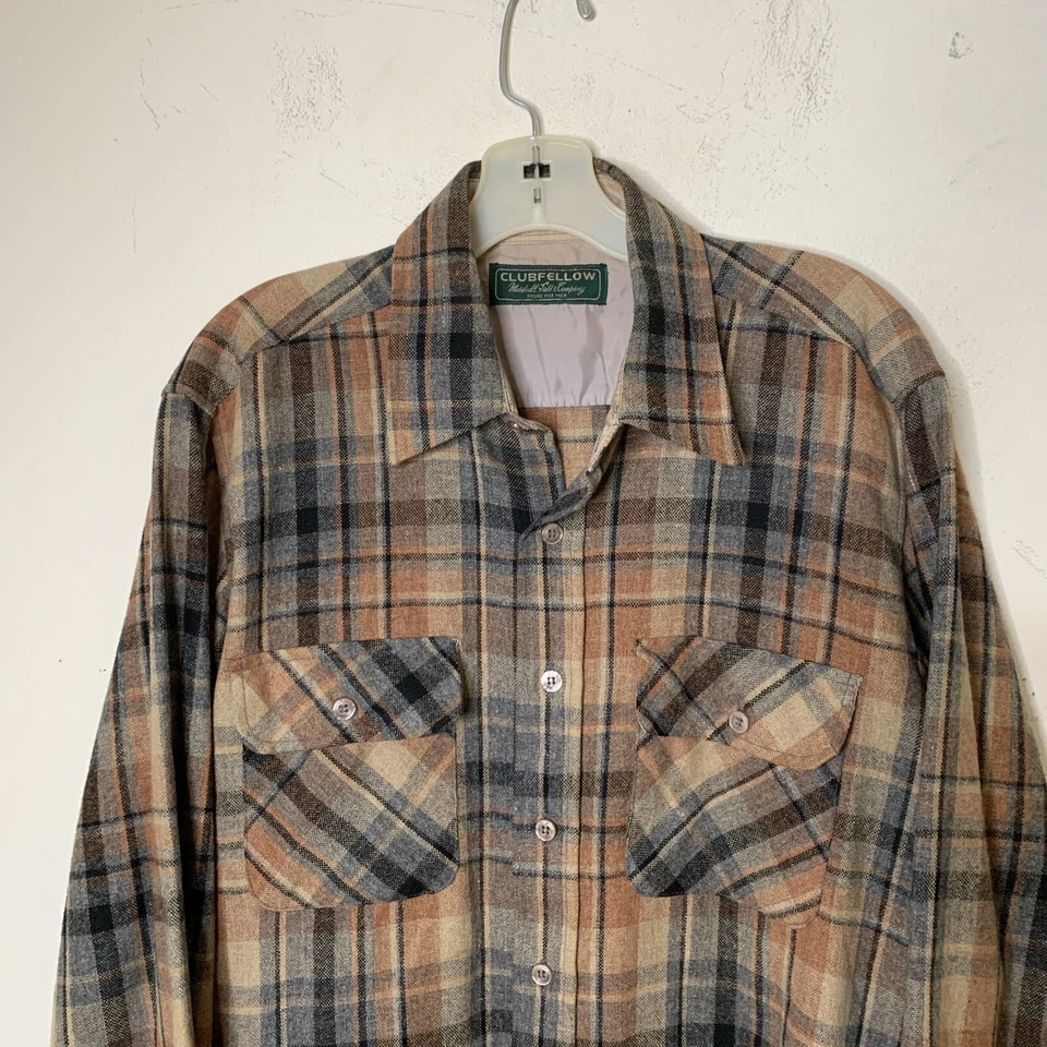 Camisa Vintage Lana Cuadros Talla M Marshall Field Co Manga Larga Gris Tostado COMO ESTÁ Foto 2 de 4