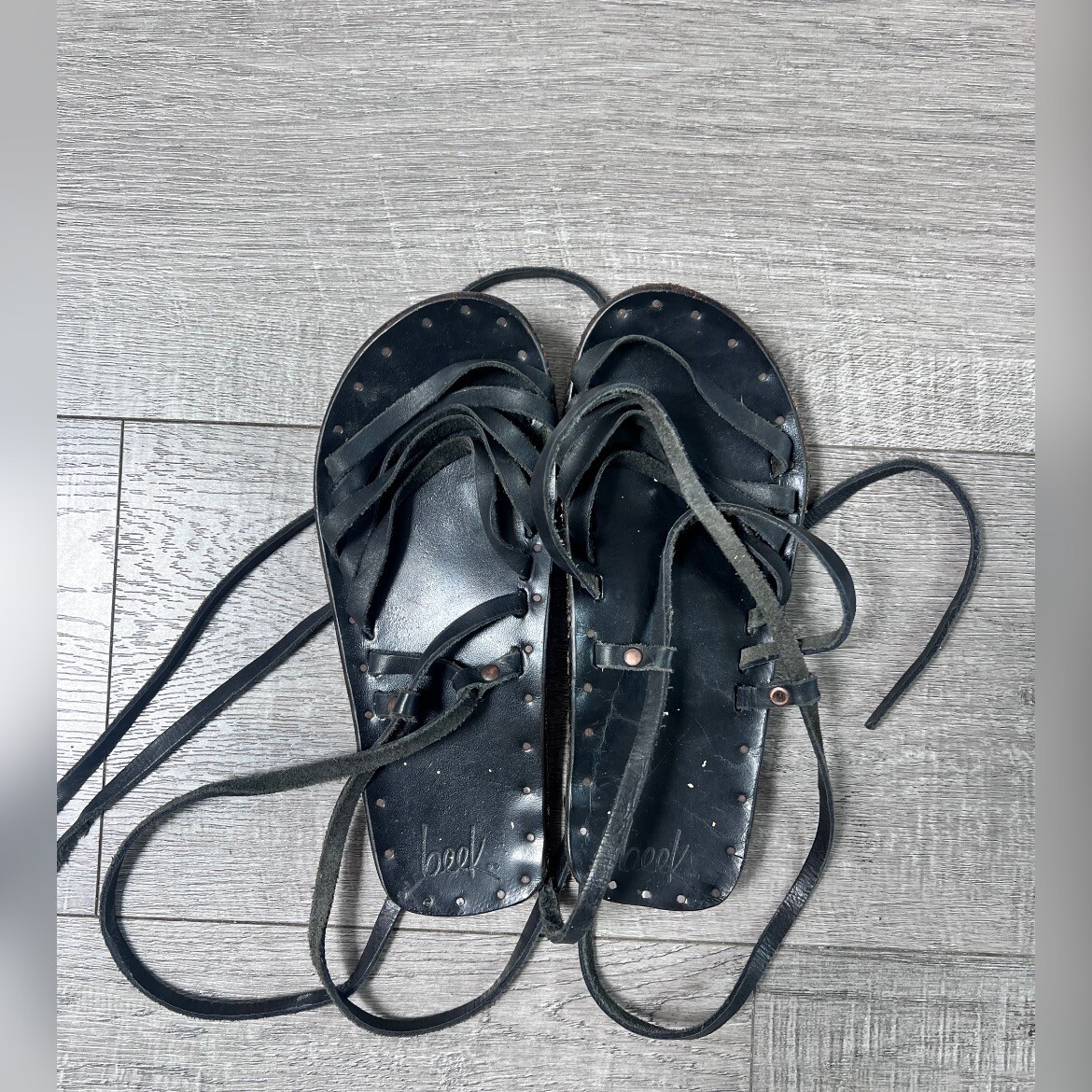 Beek Gladiator Black Leather Strappy Sandals Size